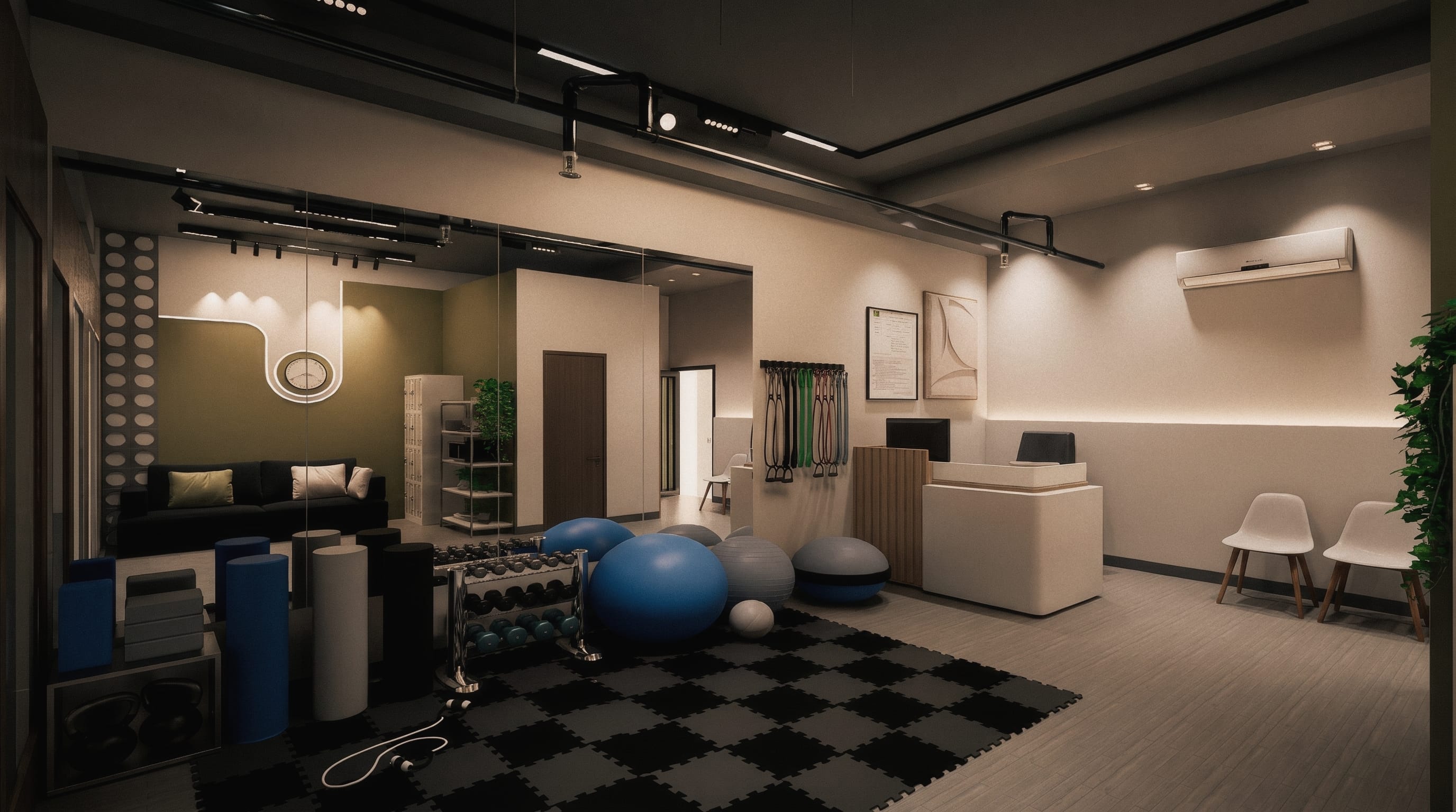 PT clinic gym floor and reception — render